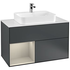 Villeroy und Boch Finion Waschtischunterschrank F361HHHG 100cm, Abdeckplatte white matt, Regal links Sand Matt Lacquer, Midnight Blue Matt Lacquer