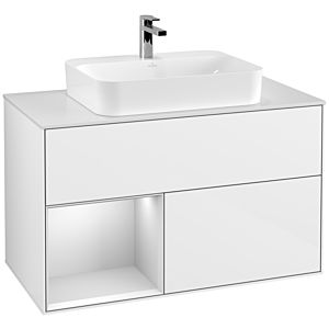 Villeroy et Boch Finion Villeroy et Boch F361MTGF 100cm, couvercle blanc mat, étagère gauche laqué blanc mat, laqué blanc brillant