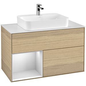Villeroy und Boch Finion Waschtischunterschrank F361MTPC 100cm, Abdeckplatte white matt, Regal links White matt lacquer, Oak Veneer