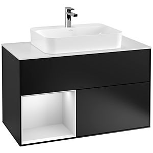 Villeroy et Boch Finion Villeroy et Boch F361MTPD 100cm, plaque de finition blanc mat, étagère gauche laqué blanc mat, laqué noir mat