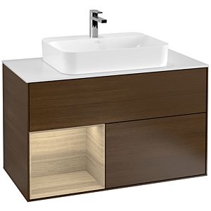Villeroy und Boch Finion Waschtischunterschrank F361PCGN 100cm, Abdeckplatte white matt, Regal links Oak Veneer, Walnut veneer