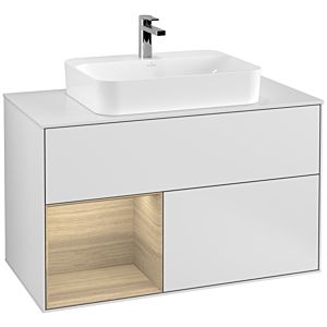 Villeroy und Boch Finion Waschtischunterschrank F361PCMT 100cm, Abdeckplatte white matt, Regal links Oak Veneer, White matt lacquer