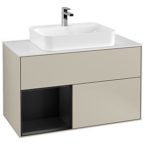 Villeroy und Boch Finion Waschtischunterschrank F361PDHH 100cm, Abdeckplatte white matt, Regal links Black matt lacquer, Sand Matt Lacquer