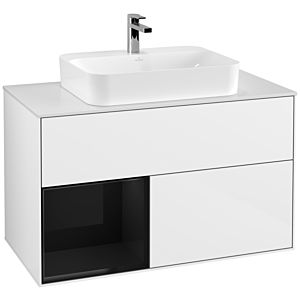Villeroy und Boch Finion Waschtischunterschrank F361PHGF 100cm, Abdeckplatte white matt, Regal links Glossy Black Lacquer, Glossy white lacquer