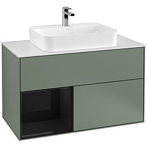 Villeroy und Boch Finion Waschtischunterschrank F361PHGM 100cm, Abdeckplatte white matt, Regal links Glossy Black Lacquer, Olive Matt Lacquer