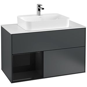 Villeroy und Boch Finion Waschtischunterschrank F361PHHG 100cm, Abdeckplatte white matt, Regal links Glossy Black Lacquer, Midnight Blue Matt Lacquer
