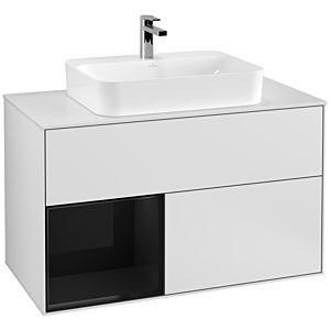 Villeroy und Boch Finion Waschtischunterschrank F361PHMT 100cm, Abdeckplatte white matt, Regal links Glossy Black Lacquer, White matt lacquer