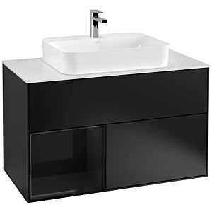 Villeroy und Boch Finion Waschtischunterschrank F361PHPD 100cm, Abdeckplatte white matt, Regal links Glossy Black Lacquer, Black matt lacquer