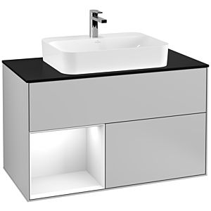 Villeroy and Boch Finion Villeroy and Boch Finion F362GFGJ 100cm, cover plate black matt, shelf left glossy white lacquer, light gray matt