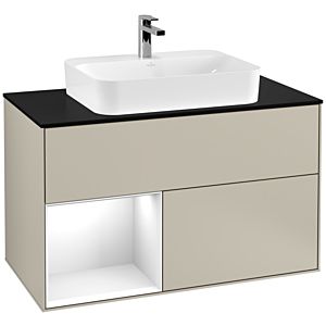 Villeroy und Boch Finion Waschtischunterschrank F362GFHH 100cm, Abdeckplatte black matt, Regal links Glossy white lacquer, Sand Matt Lacquer