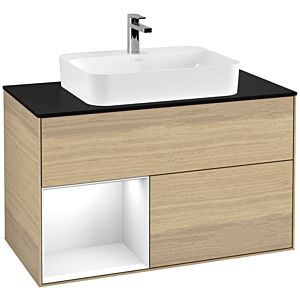 Villeroy und Boch Finion Waschtischunterschrank F362GFPC 100cm, Abdeckplatte black matt, Regal links Glossy white lacquer, Oak Veneer