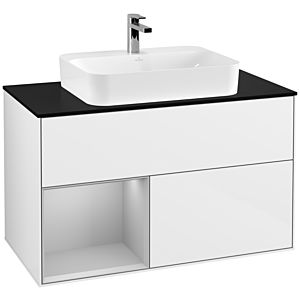 Villeroy und Boch Finion Waschtischunterschrank F362GJGF 100cm, Abdeckplatte black matt, Regal links Light grey matt, Glossy white lacquer