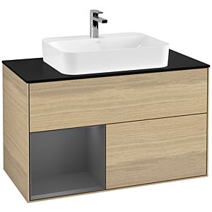Villeroy und Boch Finion Waschtischunterschrank F362GKPC 100cm, Abdeckplatte black matt, Regal links Anthracite matt, Oak Veneer