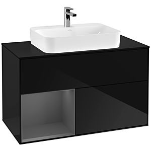 Villeroy und Boch Finion Waschtischunterschrank F362GKPH 100cm, Abdeckplatte black matt, Regal links Anthracite matt, Glossy Black Lacquer