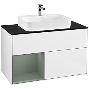 Villeroy und Boch Finion Waschtischunterschrank F362GMGF 100cm, Abdeckplatte black matt, Regal links Olive Matt Lacquer, Glossy white lacquer
