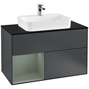Villeroy und Boch Finion Waschtischunterschrank F362GMHG 100cm, Abdeckplatte black matt, Regal links Olive Matt Lacquer, Midnight Blue Matt Lacquer