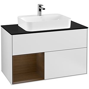 Villeroy et Boch Finion Villeroy et Boch F362GNMT 100cm, couvercle noir mat, étagère gauche placage noyer, blanc laqué mat