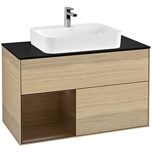 Villeroy und Boch Finion Waschtischunterschrank F362GNPC 100cm, Abdeckplatte black matt, Regal links Walnut veneer, Oak Veneer