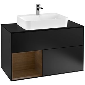 Villeroy und Boch Finion Waschtischunterschrank F362GNPD 100cm, Abdeckplatte black matt, Regal links Walnut veneer, Black matt lacquer