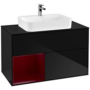 Villeroy und Boch Finion Waschtischunterschrank F362HBPH 100cm, Abdeckplatte black matt, Regal links Peony, Glossy Black Lacquer