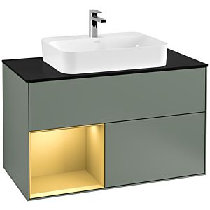 Villeroy und Boch Finion Waschtischunterschrank F362HFGM 100cm, Abdeckplatte black matt, Regal links Gold matt, Olive Matt Lacquer