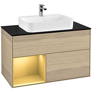 Villeroy und Boch Finion Waschtischunterschrank F362HFPC 100cm, Abdeckplatte black matt, Regal links Gold matt, Oak Veneer