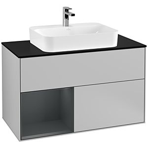 Villeroy und Boch Finion Waschtischunterschrank F362HGGJ 100cm, Abdeckplatte black matt, Regal links Midnight Blue Matt Lacquer, Light grey matt
