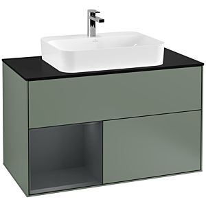 Villeroy und Boch Finion Waschtischunterschrank F362HGGM 100cm, Abdeckplatte black matt, Regal links Midnight Blue Matt Lacquer, Olive Matt Lacquer