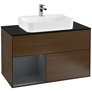 Villeroy und Boch Finion Waschtischunterschrank F362HGGN 100cm, Abdeckplatte black matt, Regal links Midnight Blue Matt Lacquer, Walnut veneer