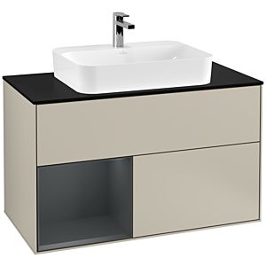 Villeroy und Boch Finion Waschtischunterschrank F362HGHH 100cm, Abdeckplatte black matt, Regal links Midnight Blue Matt Lacquer, Sand Matt Lacquer