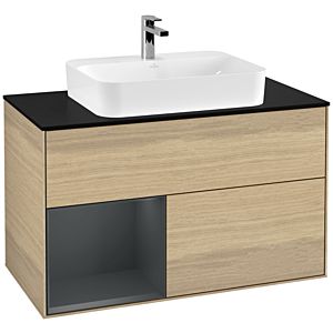 Villeroy und Boch Finion Waschtischunterschrank F362HGPC 100cm, Abdeckplatte black matt, Regal links Midnight Blue Matt Lacquer, Oak Veneer