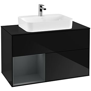 Villeroy und Boch Finion Waschtischunterschrank F362HGPH 100cm, Abdeckplatte black matt, Regal links Midnight Blue Matt Lacquer, Glossy Black Lacquer