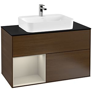 Villeroy und Boch Finion Waschtischunterschrank F362HHGN 100cm, Abdeckplatte black matt, Regal links Sand Matt Lacquer, Walnut veneer