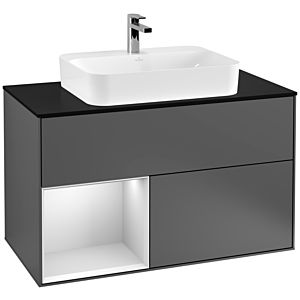 Villeroy und Boch Finion Waschtischunterschrank F362MTGK 100cm, Abdeckplatte black matt, Regal links White matt lacquer, Anthracite matt