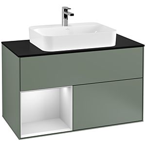 Villeroy et Boch Finion Villeroy et Boch F362MTGM 100cm, plaque de finition noir mat, étagère gauche laqué blanc mat, Olive Matt Lacquer