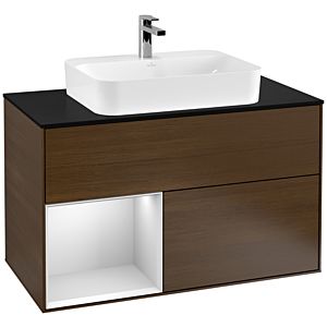 Villeroy und Boch Finion Waschtischunterschrank F362MTGN 100cm, Abdeckplatte black matt, Regal links White matt lacquer, Walnut veneer