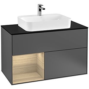 Villeroy und Boch Finion Waschtischunterschrank F362PCGK 100cm, Abdeckplatte black matt, Regal links Oak Veneer, Anthracite matt