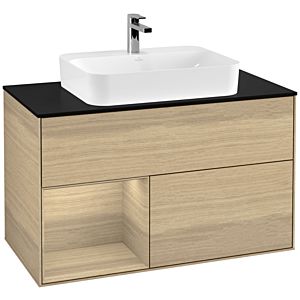 Villeroy und Boch Finion Waschtischunterschrank F362PCPC 100cm, Abdeckplatte black matt, Regal links Oak Veneer, Oak Veneer