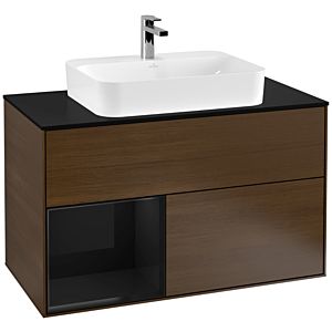 Villeroy und Boch Finion Waschtischunterschrank F362PHGN 100cm, Abdeckplatte black matt, Regal links Glossy Black Lacquer, Walnut veneer