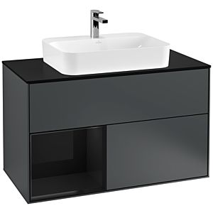 Villeroy und Boch Finion Waschtischunterschrank F362PHHG 100cm, Abdeckplatte black matt, Regal links Glossy Black Lacquer, Midnight Blue Matt Lacquer