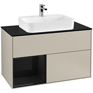 Villeroy und Boch Finion Waschtischunterschrank F362PHHH 100cm, Abdeckplatte black matt, Regal links Glossy Black Lacquer, Sand Matt Lacquer