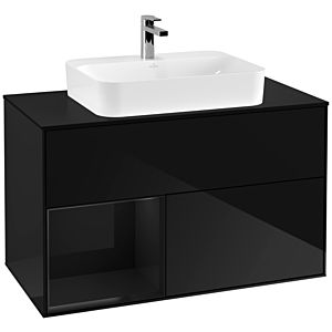 Villeroy und Boch Finion Waschtischunterschrank F362PHPH 100cm, Abdeckplatte black matt, Regal links Glossy Black Lacquer, Glossy Black Lacquer