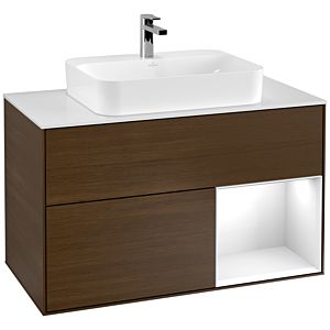 Villeroy und Boch Finion Waschtischunterschrank F371GFGN 100cm, Abdeckplatte white matt, Regal rechts Glossy white lacquer, Walnut veneer