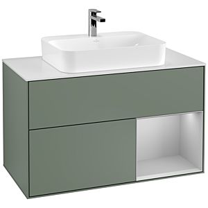Villeroy und Boch Finion Waschtischunterschrank F371GJGM 100cm, Abdeckplatte white matt, Regal rechts Light grey matt, Olive Matt Lacquer
