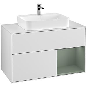 Villeroy und Boch Finion Waschtischunterschrank F371GMMT 100cm, Abdeckplatte white matt, Regal rechts Olive Matt Lacquer, White matt lacquer