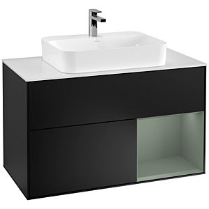 Villeroy und Boch Finion Waschtischunterschrank F371GMPD 100cm, Abdeckplatte white matt, Regal rechts Olive Matt Lacquer, Black matt lacquer
