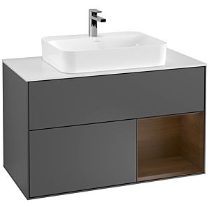 Villeroy und Boch Finion Waschtischunterschrank F371GNGK 100cm, Abdeckplatte white matt, Regal rechts Walnut veneer, Anthracite matt
