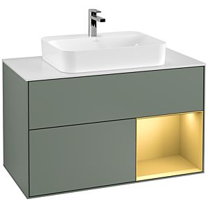 Villeroy und Boch Finion Waschtischunterschrank F371HFGM 100cm, Abdeckplatte white matt, Regal rechts Gold matt, Olive Matt Lacquer