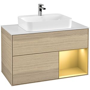 Villeroy et Boch Finion Villeroy et Boch F371HFPC 100cm, plaque de recouvrement blanc mat, étagère droite or mat, Oak Veneer