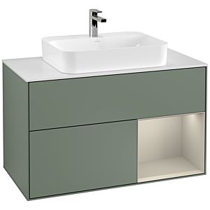 Villeroy und Boch Finion Waschtischunterschrank F371HHGM 100cm, Abdeckplatte white matt, Regal rechts Sand Matt, Olive Matt Lacquer